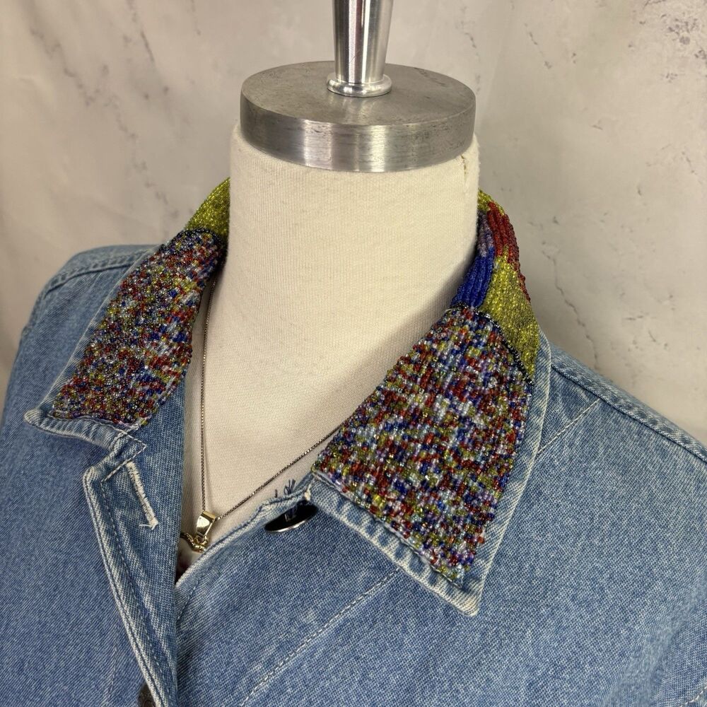 Vintage 90s Patchwork Denim Jacket M Beaded Collar Southwestern Concho Artsy L - Picture 14 of 16